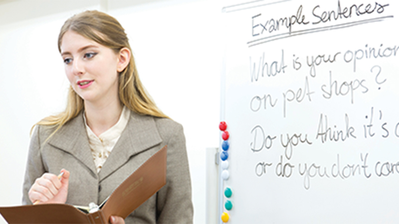 A woman standing in front of a whiteboard with english subjects written on it