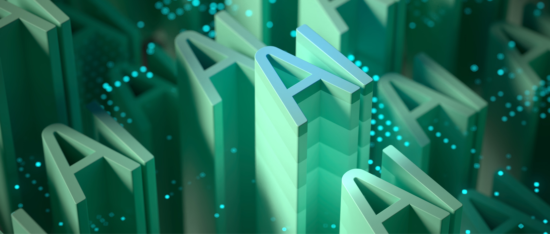 Abstract 3D illustration of the letters AI repeated in shades of green, surrounded by glowing blue particles, representing artificial intelligence and digital technology.