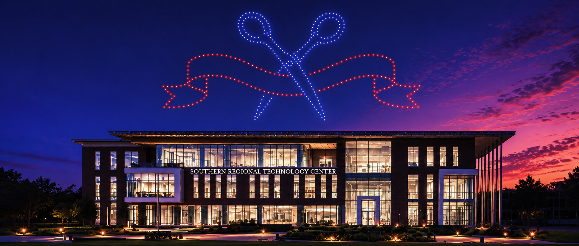 The Southern Regional Technology Center building at dusk, with illuminated windows and a large scissors-shaped light display above the roof.