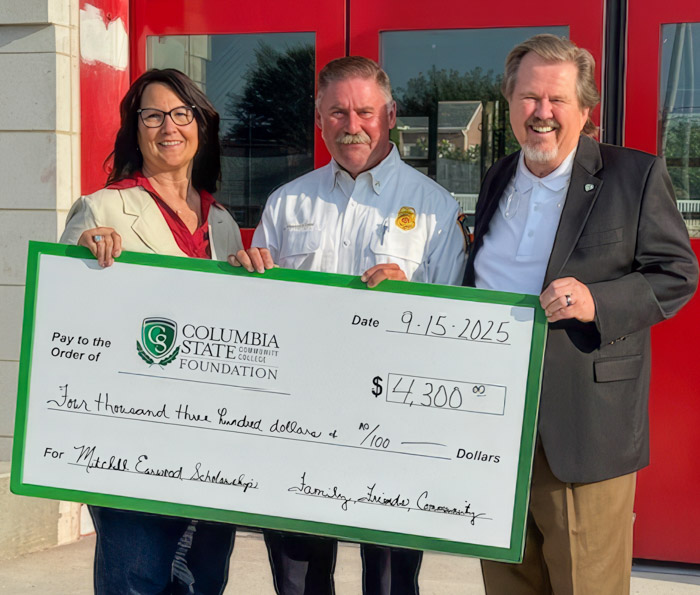 Bethany Lay, Columbia State vice president for advancement and executive director of the Columbia State Foundation; Captain Mike Pinkerton, Spring Hill Fire Department training division; and Rick Graham, Columbia State development officer.  