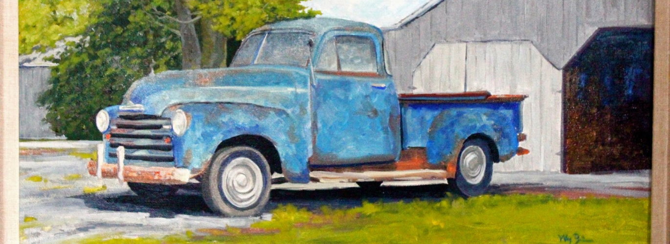 Painting of an older model blue truck