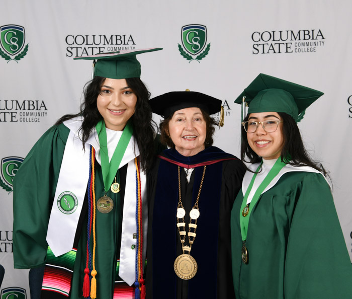 Students received the President’s Leadership Society medallion for completing all requirements of the leadership training program prior to graduation. Throughout the program, students attend a leadership retreat, enjoy exposure to the arts, participate in workshops and campus life, develop civic understanding and give back to the community through service. Pictured (left to right): Marina Dexiree Villasenor Cortes; Dr. Janet F. Smith, Columbia State president; and Keila Hernandez-Torres.