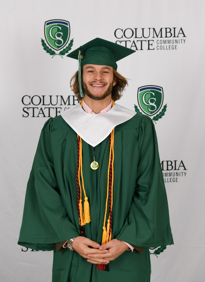 A Lawrenceburg native and Tennessee Promise student, Burcham Rook Askew Bain graduated Magna Cum Laude with a university parallel (general transfer) Associate of Science degree. During his time at Columbia State, he was a member of Phi Theta Kappa and a TRiO student, as well as an honor and dean’s list student. Bain plans to earn his bachelor’s degree at Middle Tennessee State University in communications. “I recommend Columbia State and community colleges to every high or middle schooler I encounter because it is so perfect for helping one prepare for their future,” he said. “Educational ideas that I have been around my whole life became obvious and reasonable to me through Columbia State because I had the time, space and mentors to teach me those things. It also prepared me mentally to have perseverance and resilience to life and college, and to balance multiple things at once like a job and school. I learned better how to get out of my shell and make friends because of Columbia State. I learned why community, faith, family, friends and connection are important things. Columbia State was the perfect buffer zone for me to figure out what major I really wanted to do, which was amazing because it gave me time and insight to figure out what that was going to be. I could say that Columbia State prepared me for life and my future in every way imaginable, and it helped me mature and learn who I am and who I want to be. It helped me learn my passions and values.”  