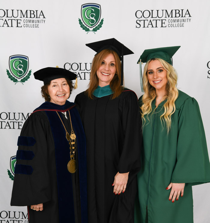 Pictured (left to right) Dr. Janet F. Smith, Columbia State president; Leigh Williams, Columbia State alum and Fall 2023 Commencement speaker; and her daughter, fall 2023 graduate Lauren Sinor.