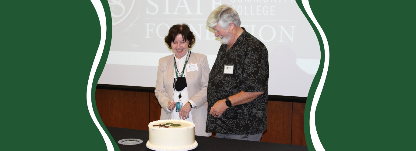 Dr. Janet F. Smith, President Columbia State Community College, and Mike Alexander, Columbia State Foundation board chair, prepare to cut a cake celebrating the Foundation’s 50th Anniversary.