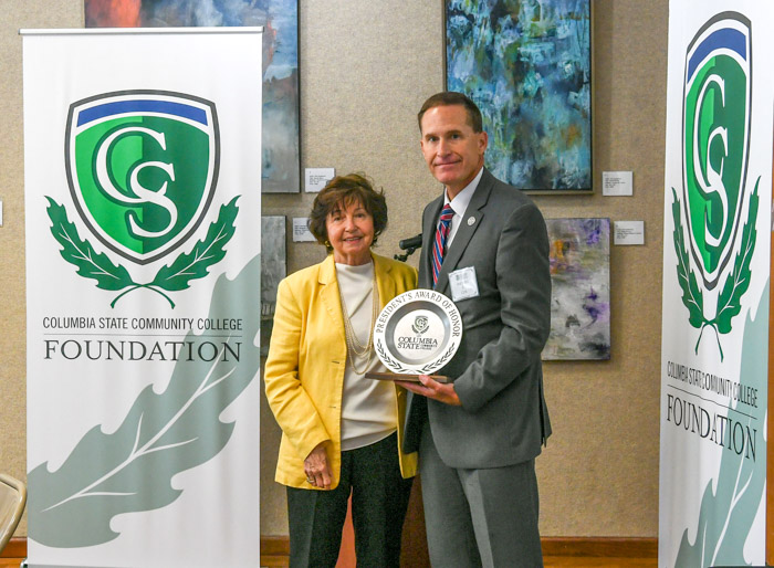 Pictured, (left to right): Dr. Janet F. Smith, Columbia State president, and Michael E. Cox, recipient of the President’s Award of Honor for Distinguished Alumni.