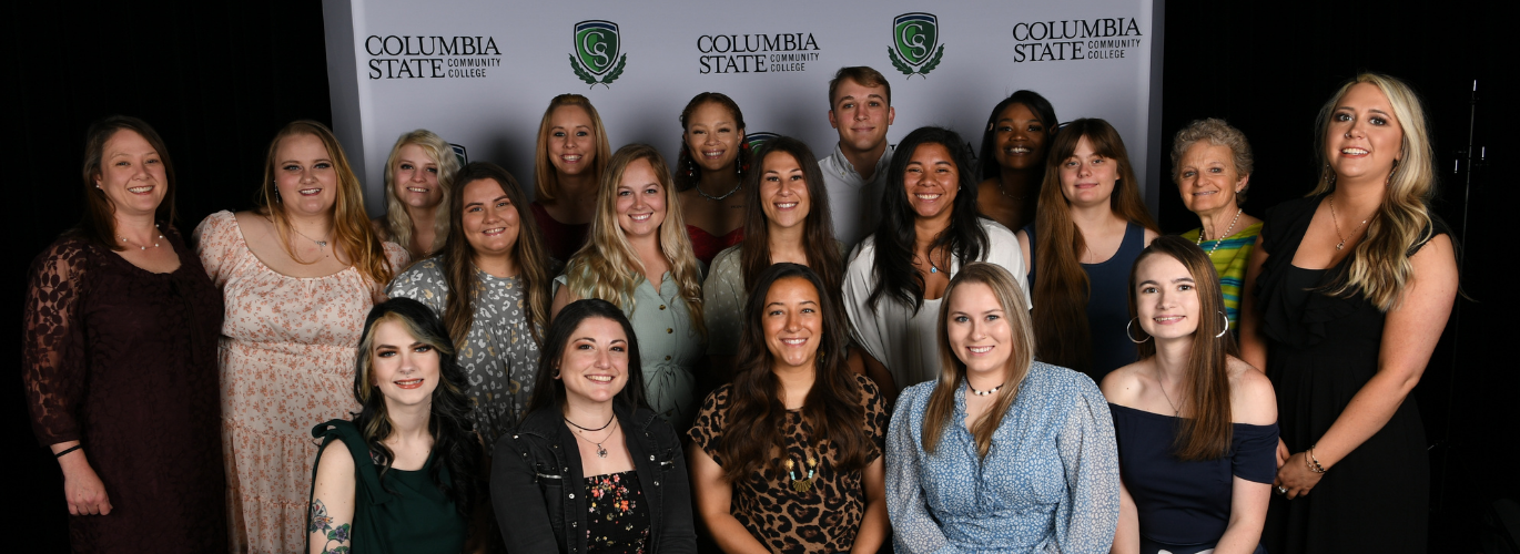 Pictured (standing, left to right): Columbia State Program Director of Veterinary Technology Dr. Julie Anderson, Cheyanne Hinson, Lillie Cox, Mackenzie Smith, Shauna Cooper, Casey Mancini, Kayla Souder, Kelly Flesher, Jeremiah Tidwell, Mary Bates, Tyquencia Johnson, Elizabeth Miller, Columbia State Veterinary Technology Technician Shelly McMullan and Columbia State Veterinary Technology Technician Brie Pruitt. (Sitting, left to right): Madison Kelly, Christina Abbatiello, Monet Thomas, Hanna Brewer and Makenzie Kelley.