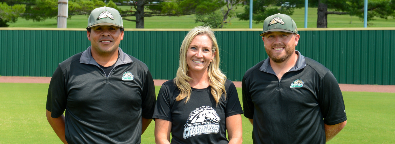 Pictured (left to right): Cody Crutcher, interim co-associate head baseball coach; Katie Willingham, Columbia State director of athletics; and Desi Ammons, Columbia State interim co-associate head baseball coach.