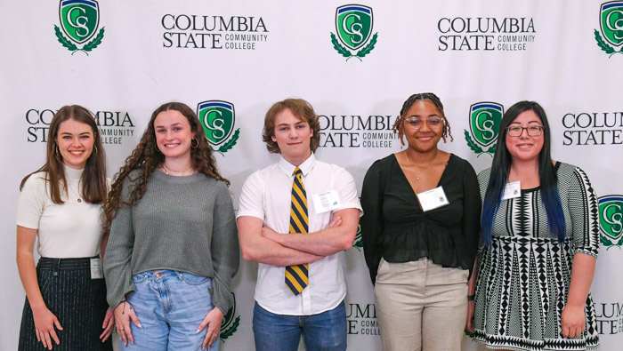 Davidson County: Pictured (left to right): Scarlet Jones received an Academic Excellence award for maintaining a 3.9-4.0 GPA; Natale Faith Mertens received a TCCAA All-Academic Athletics Soccer award and an Academic Excellence award for maintaining a 3.9-4.0 GPA; Kaelan Christopher Hines received the Physics Academic Discipline Award; Tia Floyd received a TCCAA All-Academic Athletics Basketball award; and Miriam Eliden Galindo received the Introduction to Biology Research Academic Discipline Award. Not pictured: Abbott Lawrence received a TCCAA All-Academic Athletics Baseball award; Chaim Roehrs received an Academic Excellence award for maintaining a 3.9-4.0 GPA; Katherine Velasquez received the Human Anatomy & Physiology Academic Discipline Award; Kayleigh Vongkhamchanh was honored as a TRiO Student Support Services graduate; Faith White received an Academic Excellence award for maintaining a 3.9-4.0 GPA; and Saba Yarmonhammad Toski received an Academic Excellence award for maintaining a 3.9-4.0 GPA.