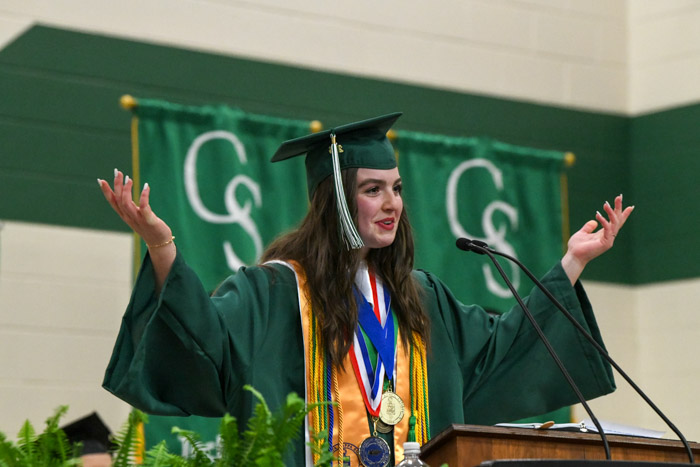 Columbia State graduate Annaleisa Matzirakis delivers the commencement address at the first ceremony.
