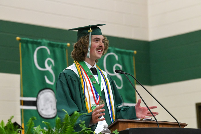 Columbia State graduate Jaeden Kennedy delivers the commencement address at the first ceremony.