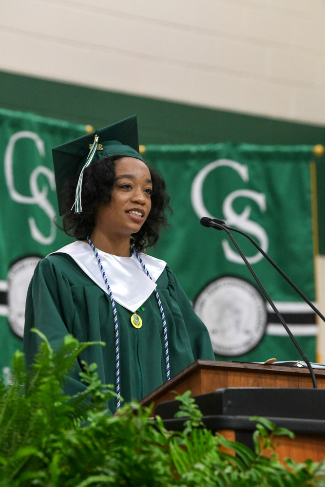 Columbia State graduate Makayla Ogilvie delivers the commencement address at the second ceremony.