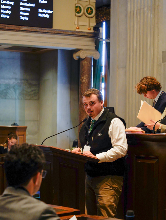 Columbia State student Lake Bates at the Tennessee Intercollegiate State Legislature 54th General Assembly.