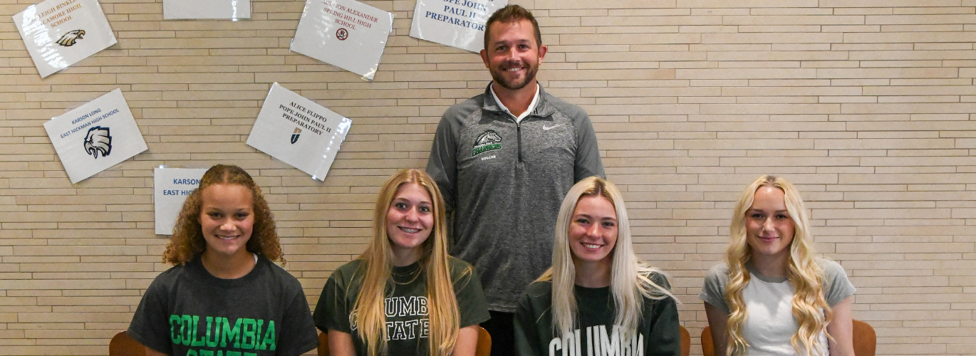 Pictured (standing): Kean Barclay, Columbia State women’s soccer coach with the first of the new recruits for the 2024 season (sitting, left to right): Kyleigh Binkley, Addison Alexander, Alice Flippo and Karson Long.