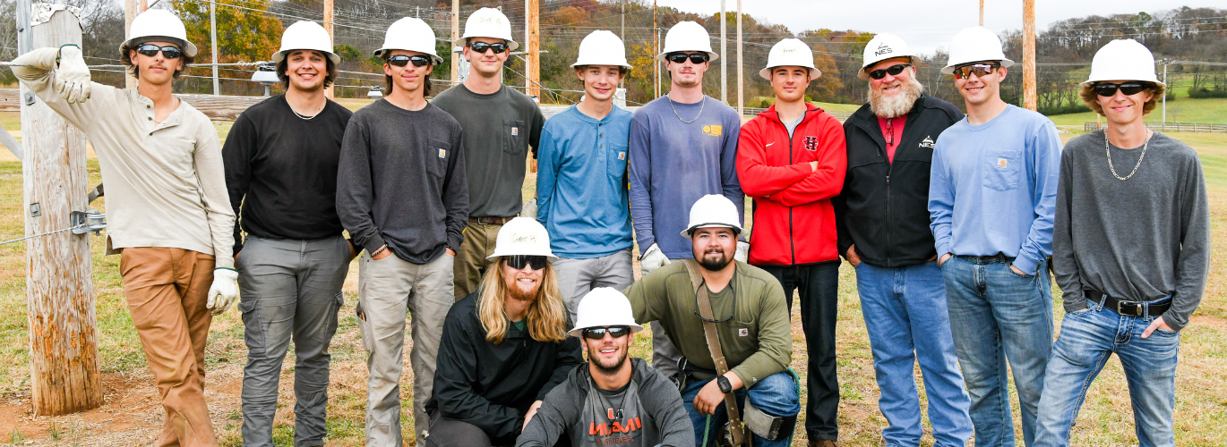 Columbia State Pre-Apprentice Lineworker Academy fall 2023 cohort. Pictured (standing, left to right): Luke Clinard from Leoma; Grant Knoll from Murfreesboro; Mason Seaton from Franklin; Sid Brown from Lawrenceburg; Craig Delk from Hampshire; Jacob Harden from Shelbyville; Kaden Jones from Centerville; Troy Smalling, Columbia State Pre-Apprentice Lineworker Academy instructor; Brayden Chunn from Greenbrier; and Tanner Westmoreland from Franklin. (Sitting, left to right): Cooper Hicks from Nashville; Carter Housch from Chapel Hill; and Landon Waller from Franklin.