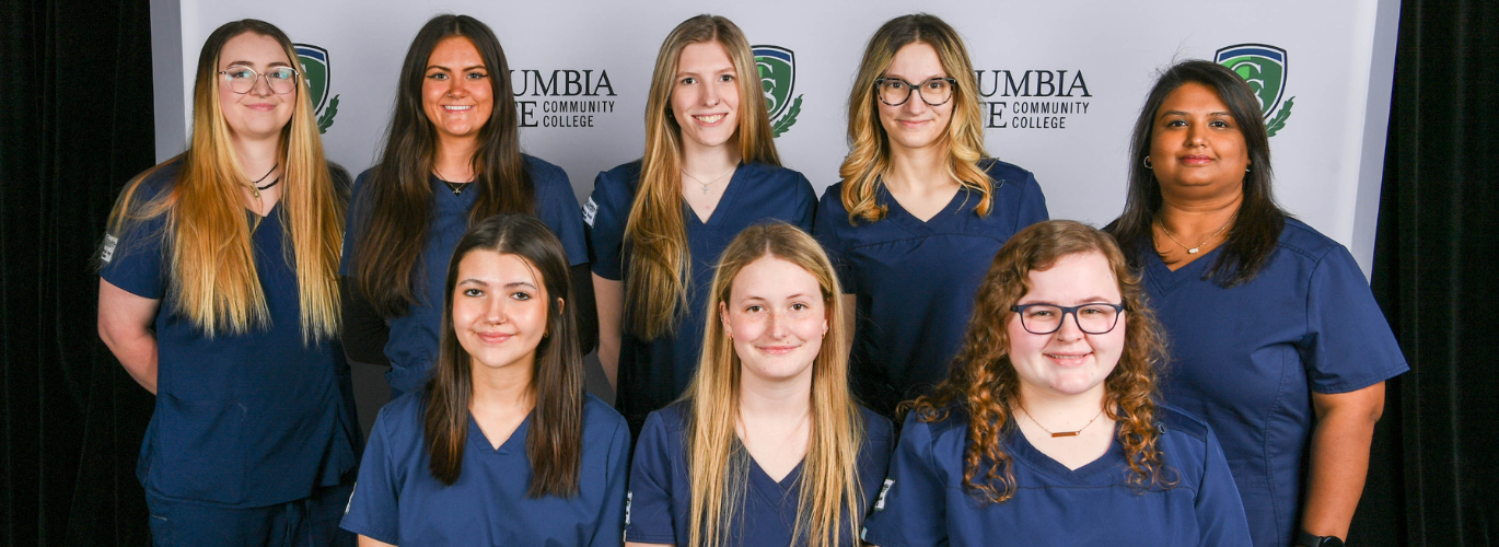 Pictured: Columbia State Spring 2023 Anesthesia Technology graduates (standing, left to right): Morgan White, Mercedes Overton, Mikayla Jackson, Bailey Honn and Shamira Mavani. (Sitting, left to right): Lauren Weirich, Madison Boyd and Celsi Anness.