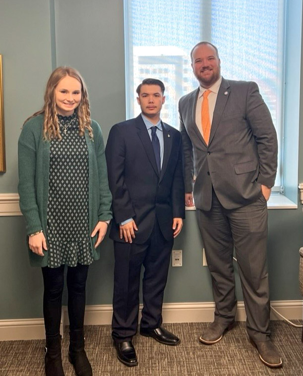 Columbia State students Hope Bone and Cayden Flickinger with Tennessee Representative Jake McCalmon at the 2023 Tennessee Board of Regents Day on the Hill.