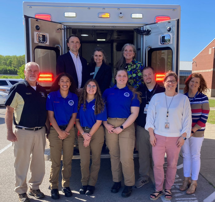 Pictured (back row, left to right): Joey Chilton, Hickman County Schools career technical education director; Joni Lenig, Columbia State vice president for academic affairs; and Dr. Kae Fleming, Columbia State dean of the Health Sciences Division. Front Row (left to right): Charlie Seay, Columbia State instructor of emergency medical services; Keilei McCrory, Columbia State EMT dual enrollment student; Abigail Howell, Columbia State EMT dual enrollment student; Tapanga Hayes, Columbia State EMT dual enrollment student; Gregory S. Johnson, Columbia State EMS Academy program director; Jennifer Turpin, Hickman County Schools guidance counselor; and Kimberly Williams, East Hickman High School principal. Not pictured: Makayla Cook.