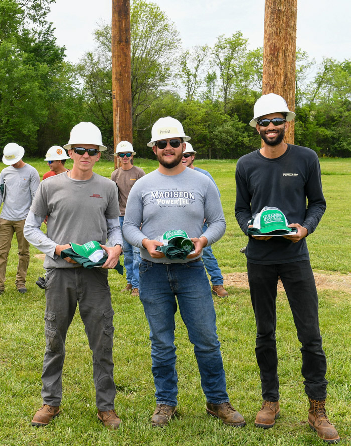 Pictured (left to right): Columbia State Community College Pre-Apprentice Lineworker Academy Mini-Rodeo overall winners Caleb Carter from Ashland City in first place, Hayden Arnold from Liberty in second place, and Wayne Johnson from Spring Hill in third place. 