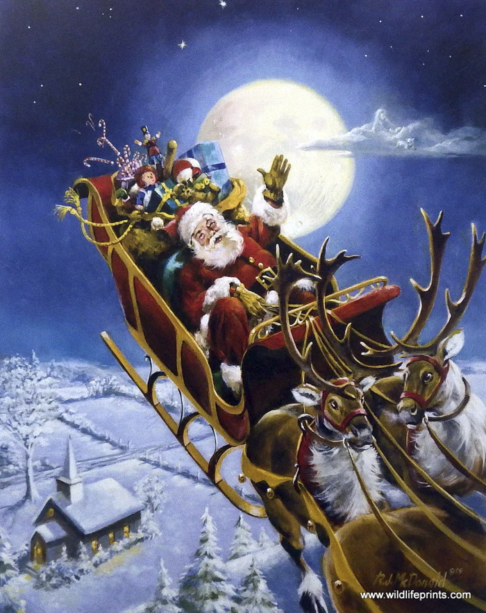 Santa in his sleigh on Christmas night