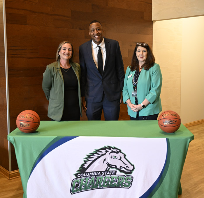 Katie Willingham, Columbia State athletic director; Chris Leggett, Columbia State women’s basketball head coach; and Cissy Holt, Columbia State vice president for Student Affairs.