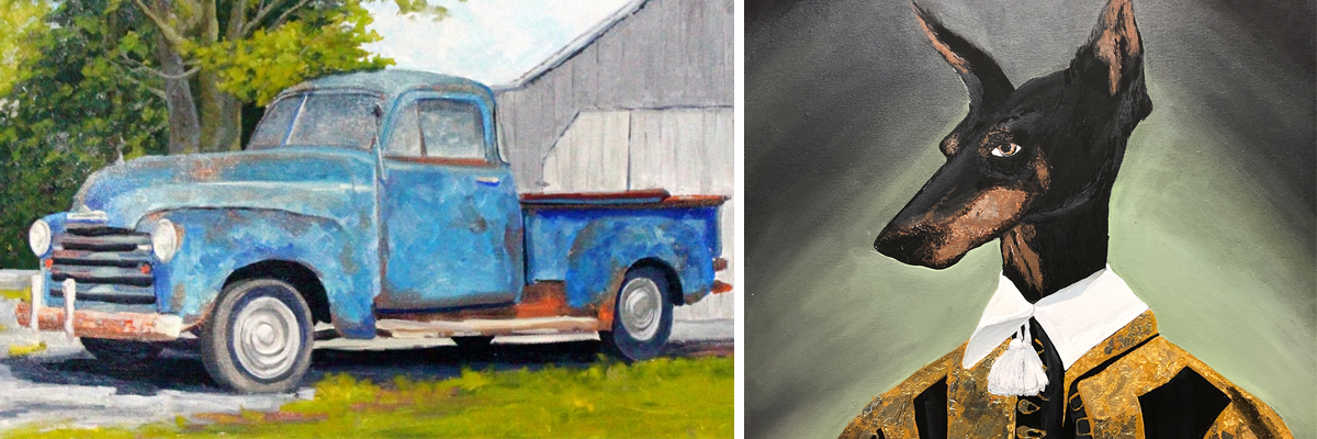 Paintings of old truck and dog