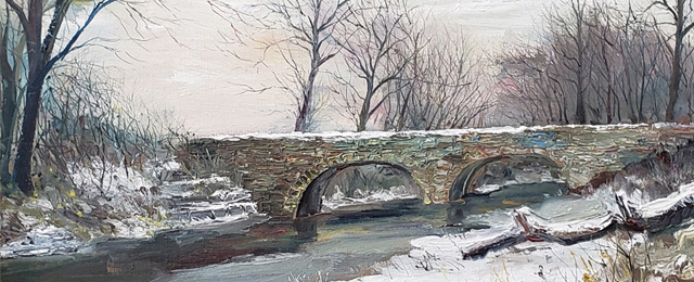 painting of stone bridge in winter