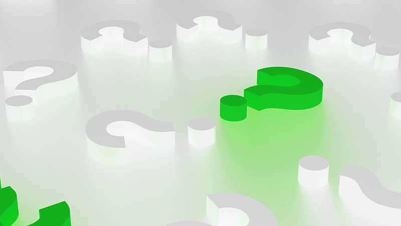 White 3D question marks and one bright green question mark on a soft green background.
