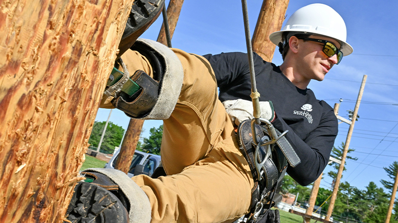 A lineworker in a white hard hat and safety harness climbs a wooden pole, with power lines and trees in the background.